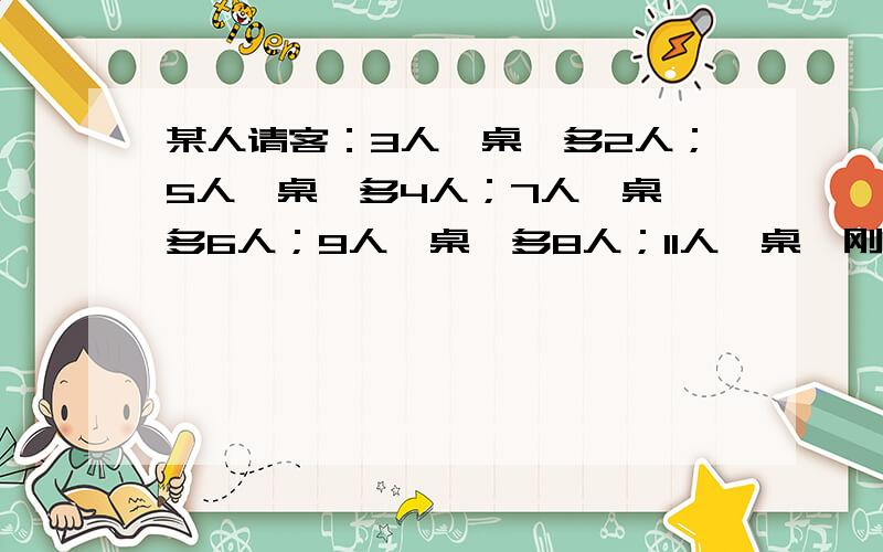 某人请客：3人一桌,多2人；5人一桌,多4人；7人一桌,多6人；9人一桌,多8人；11人一桌,刚好；有多少客