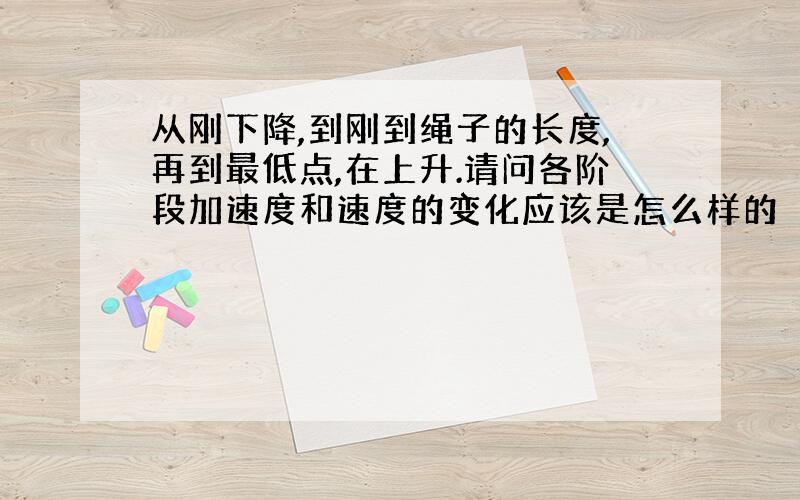 从刚下降,到刚到绳子的长度,再到最低点,在上升.请问各阶段加速度和速度的变化应该是怎么样的