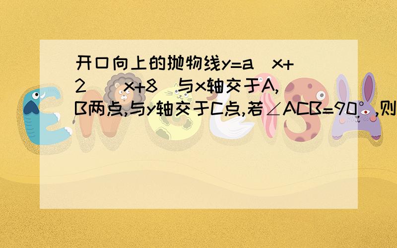 开口向上的抛物线y=a(x+2)(x+8)与x轴交于A,B两点,与y轴交于C点,若∠ACB=90°,则a的值是?