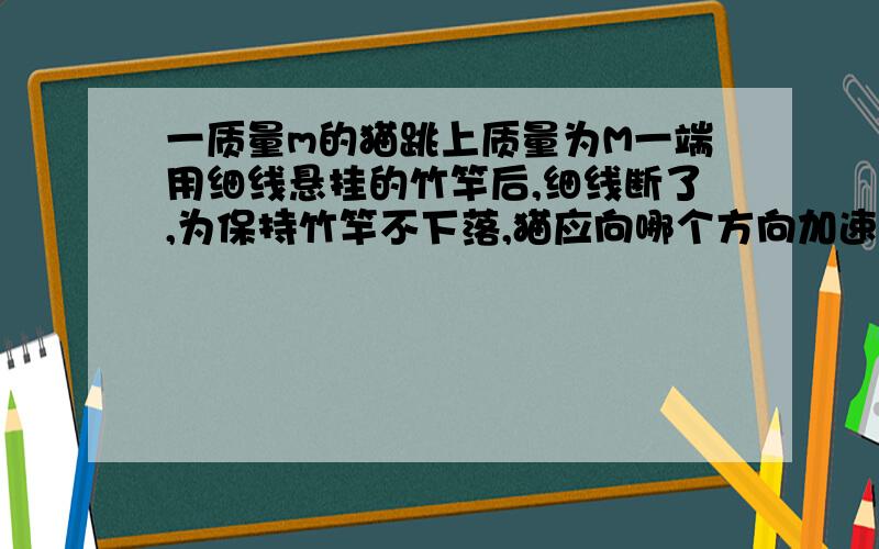 一质量m的猫跳上质量为M一端用细线悬挂的竹竿后,细线断了,为保持竹竿不下落,猫应向哪个方向加速爬?