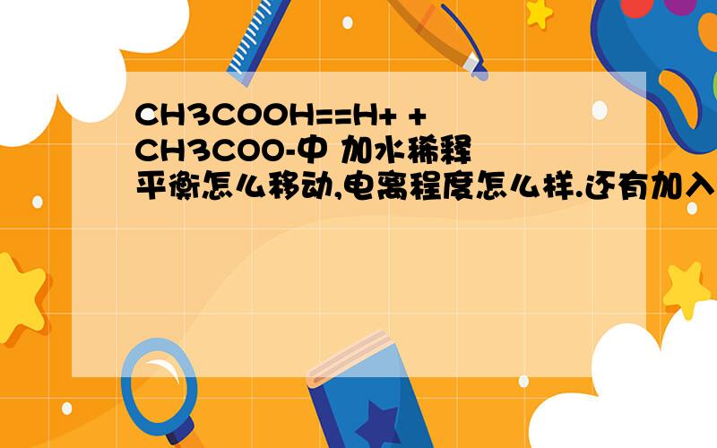 CH3C00H==H+ + CH3COO-中 加水稀释 平衡怎么移动,电离程度怎么样.还有加入醋酸呢?平衡又怎么移动