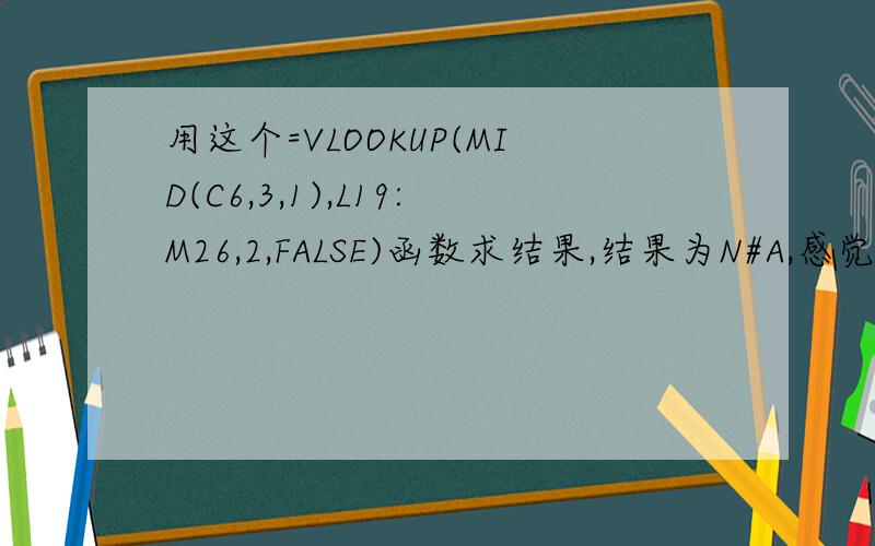 用这个=VLOOKUP(MID(C6,3,1),L19:M26,2,FALSE)函数求结果,结果为N#A,感觉问题在mi