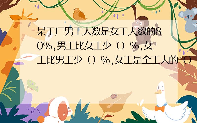 某工厂男工人数是女工人数的80%,男工比女工少（）%,女工比男工少（）%,女工是全工人的（）%?