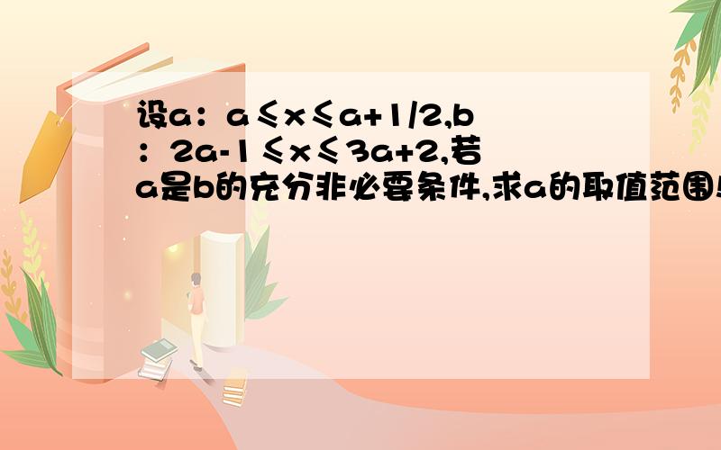 设a：a≤x≤a+1/2,b：2a-1≤x≤3a+2,若a是b的充分非必要条件,求a的取值范围!