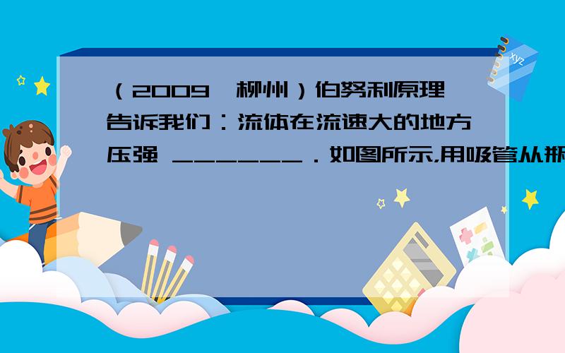 （2009•柳州）伯努利原理告诉我们：流体在流速大的地方压强 ______．如图所示，用吸管从瓶子中吸饮料时，是 ___