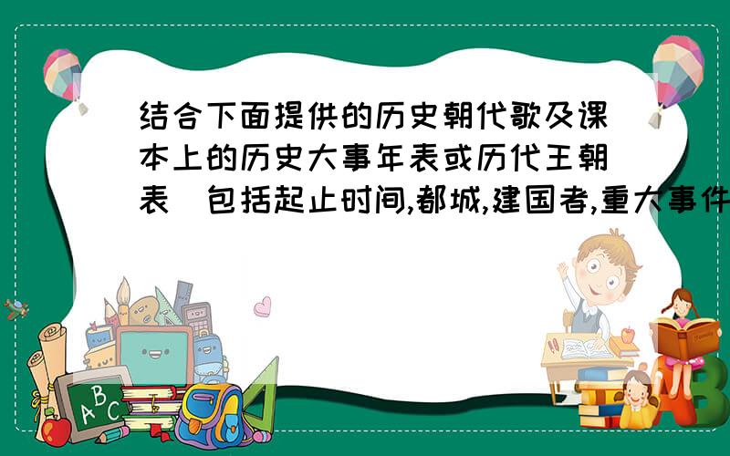 结合下面提供的历史朝代歌及课本上的历史大事年表或历代王朝表(包括起止时间,都城,建国者,重大事件等内