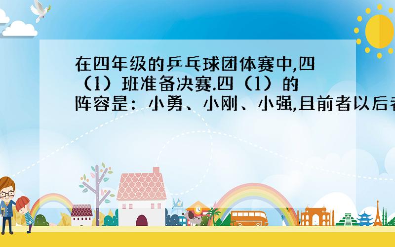 在四年级的乒乓球团体赛中,四（1）班准备决赛.四（1）的阵容昰：小勇、小刚、小强,且前者以后者厉害,四（5）班的容是：笑