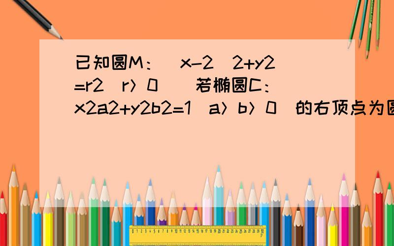 已知圆M：（x-2）2+y2=r2（r＞0）．若椭圆C：x2a2+y2b2=1（a＞b＞0）的右顶点为圆M的圆心，离心率