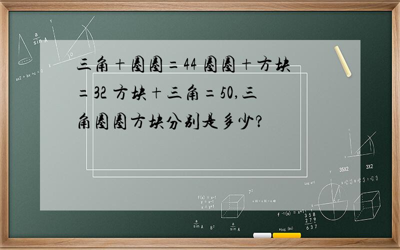 三角+圈圈=44 圈圈+方块=32 方块+三角=50,三角圈圈方块分别是多少?