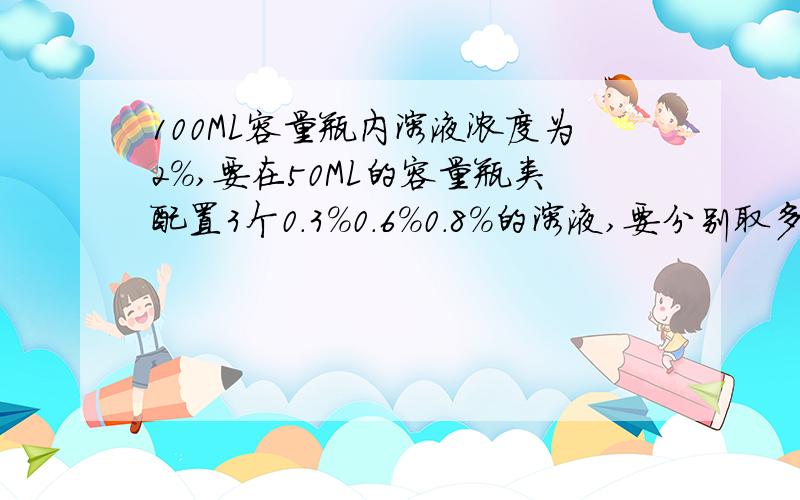 100ML容量瓶内溶液浓度为2％,要在50ML的容量瓶类配置3个0.3％0.6％0.8％的溶液,要分别取多少毫升?