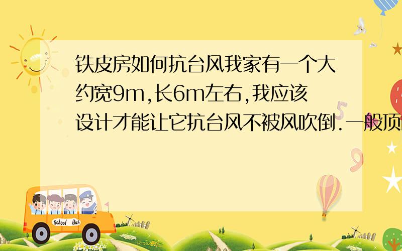 铁皮房如何抗台风我家有一个大约宽9m,长6m左右,我应该设计才能让它抗台风不被风吹倒.一般顶的斜度多少好点.我现在制作的