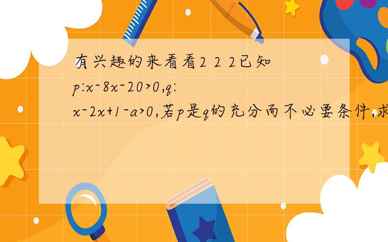 有兴趣的来看看2 2 2已知p:x-8x-20>0,q:x-2x+1-a>0,若p是q的充分而不必要条件,求证实数a的取