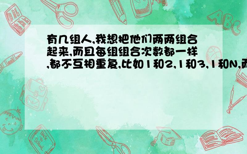 有几组人,我想把他们两两组合起来,而且每组组合次数都一样,都不互相重复,比如1和2,1和3,1和N,而N不能和1,可以N