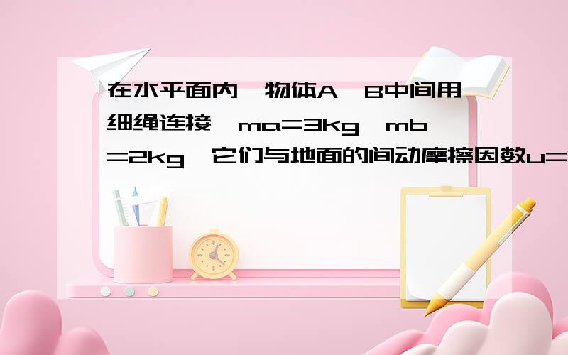 在水平面内,物体A,B中间用细绳连接,ma=3kg,mb=2kg,它们与地面的间动摩擦因数u=0.1