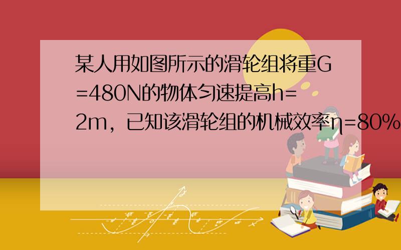 某人用如图所示的滑轮组将重G=480N的物体匀速提高h=2m，已知该滑轮组的机械效率η=80%，在提升重物的过程中，克服