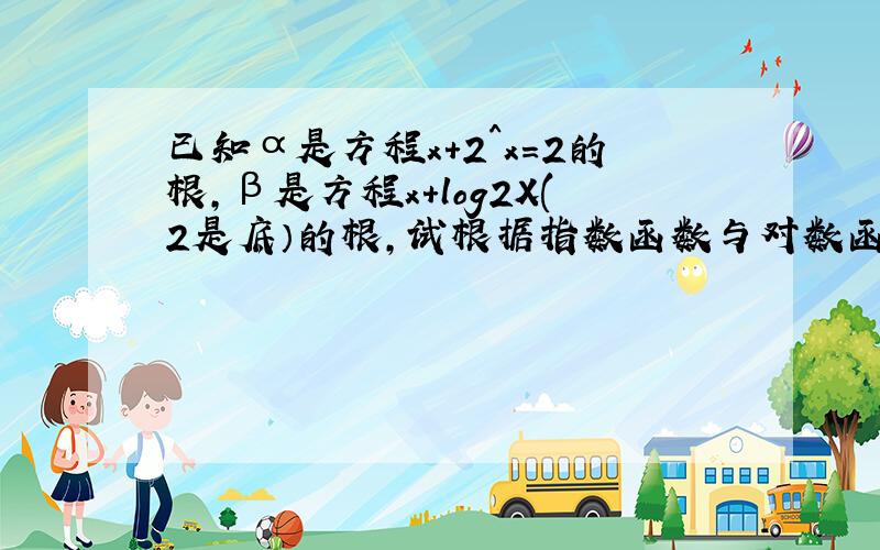 已知α是方程x+2^x=2的根,β是方程x+log2X(2是底）的根,试根据指数函数与对数函数的图像,求α+β的值.