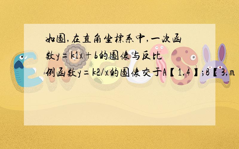 如图,在直角坐标系中,一次函数y=k1x+b的图像与反比例函数y=k2/x的图像交于A【1,4】；B【3,m】两点