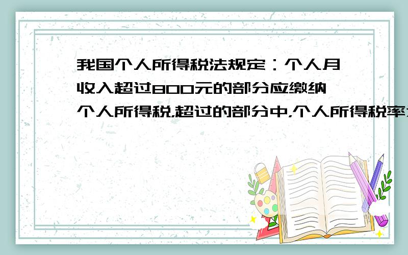 我国个人所得税法规定：个人月收入超过800元的部分应缴纳个人所得税，超过的部分中，个人所得税率为：