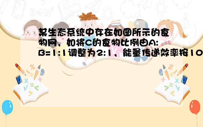 某生态系统中存在如图所示的食物网，如将C的食物比例由A:B=1:1调整为2:1，能量传递效率按10%计算，该生态系统能承