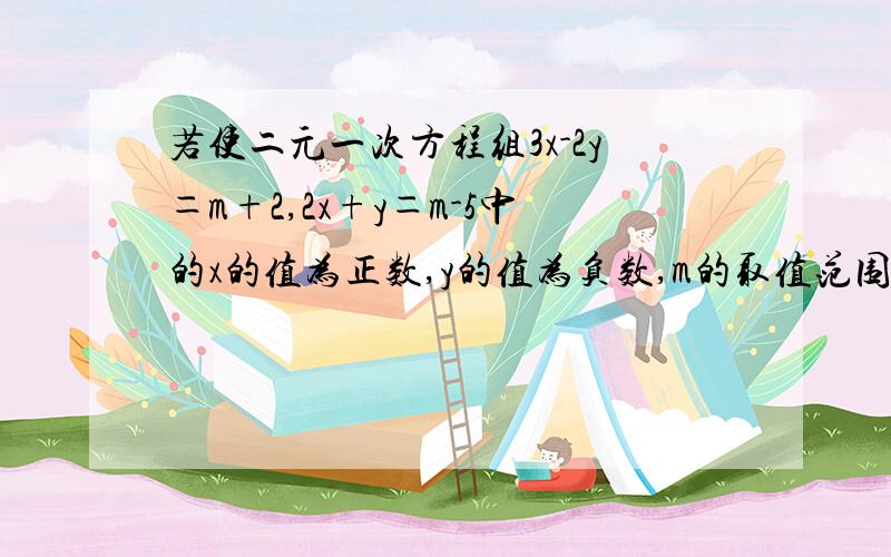 若使二元一次方程组3x-2y＝m+2,2x+y＝m-5中的x的值为正数,y的值为负数,m的取值范围是多少?