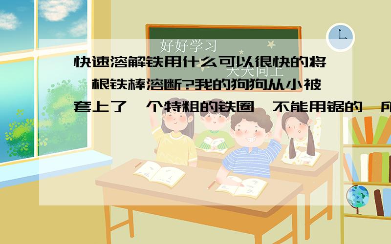 快速溶解铁用什么可以很快的将一根铁棒溶断?我的狗狗从小被套上了一个特粗的铁圈,不能用锯的,所以来讨教