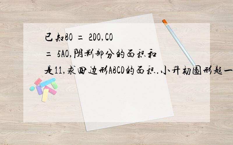 已知BO = 2DO,CO = 5AO,阴影部分的面积和是11,求四边形ABCD的面积.小升初图形题一道~