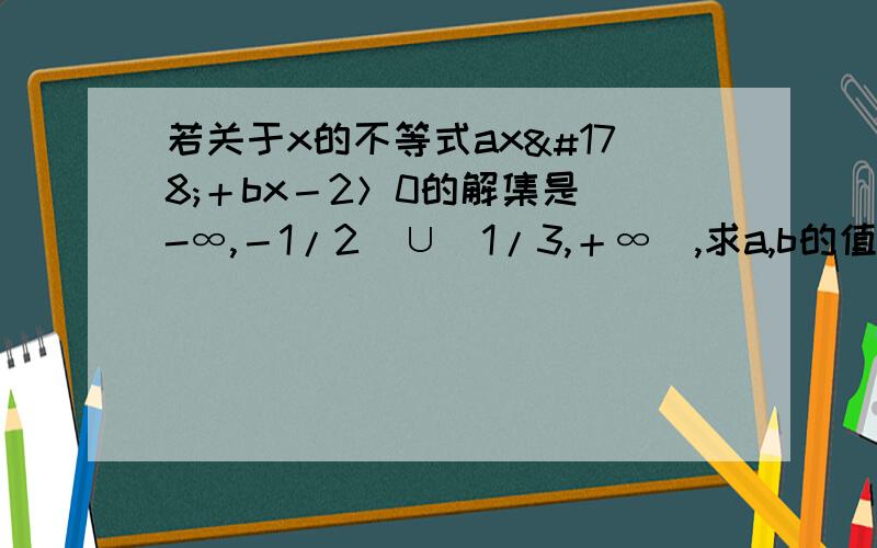 若关于x的不等式ax²＋bx－2＞0的解集是（-∞,－1/2）∪（1/3,＋∞）,求a,b的值.