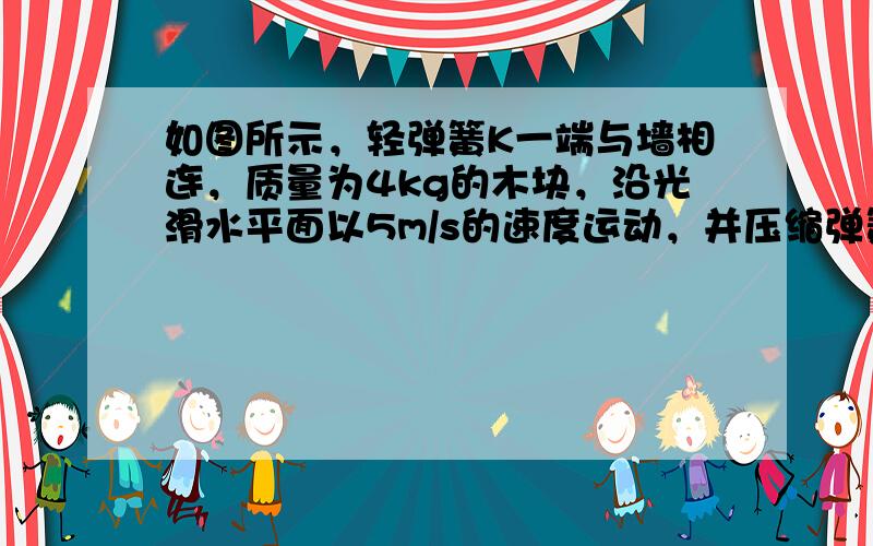 如图所示，轻弹簧K一端与墙相连，质量为4kg的木块，沿光滑水平面以5m/s的速度运动，并压缩弹簧，则弹簧在被压缩过程中最