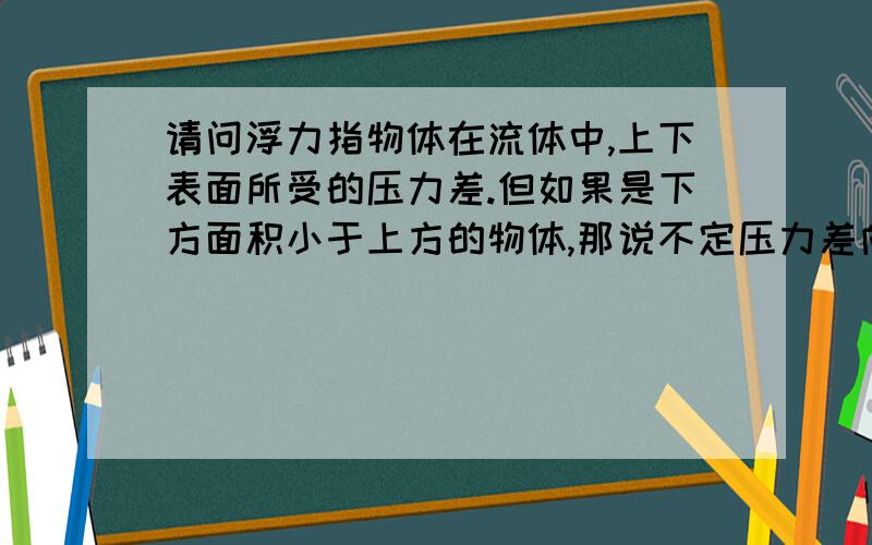 请问浮力指物体在流体中,上下表面所受的压力差.但如果是下方面积小于上方的物体,那说不定压力差向下?