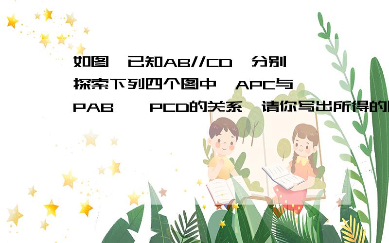 如图,已知AB//CD,分别探索下列四个图中∠APC与∠PAB、∠PCD的关系,请你写出所得的四个关系式的说明理由.（四