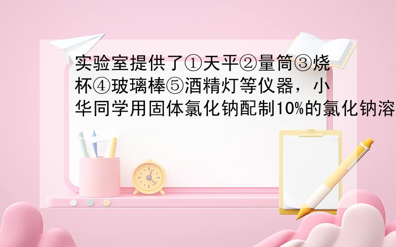 实验室提供了①天平②量筒③烧杯④玻璃棒⑤酒精灯等仪器，小华同学用固体氯化钠配制10%的氯化钠溶液，小亮同学用浓盐酸配制1