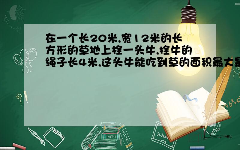 在一个长20米,宽12米的长方形的草地上栓一头牛,拴牛的绳子长4米,这头牛能吃到草的面积最大是多少?这头牛吃