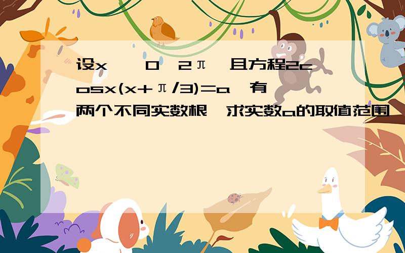 设x∈【0,2π】且方程2cosx(x+π/3)=a,有两个不同实数根,求实数a的取值范围