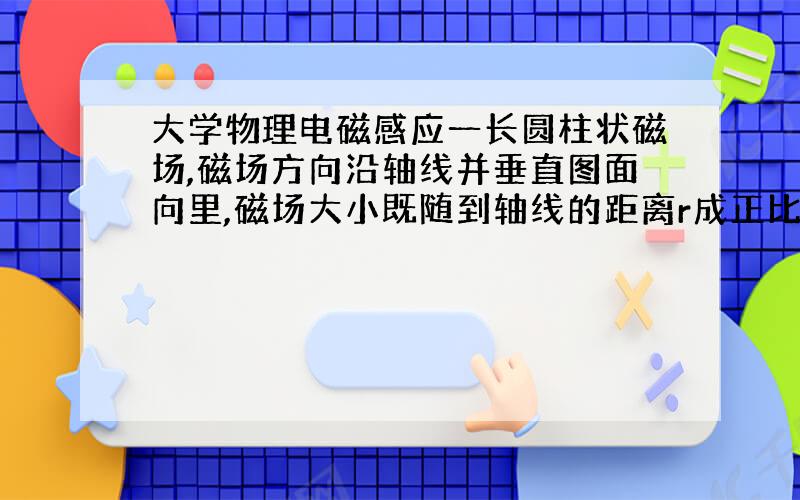 大学物理电磁感应一长圆柱状磁场,磁场方向沿轴线并垂直图面向里,磁场大小既随到轴线的距离r成正比而变化,又随时间t作正弦变