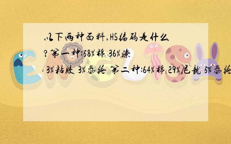 以下两种面料,HS编码是什么?第一种:58%棉 36%涤 3%粘胶 3%氨纶 第二种:64%棉 29%尼龙 5%氨纶 2