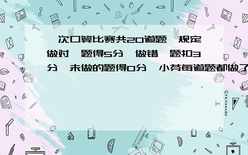 一次口算比赛共20道题,规定做对一题得5分,做错一题扣3分,未做的题得0分,小芬每道题都做了,但只得76分!