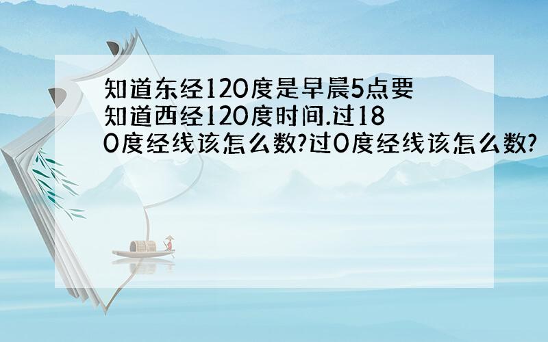 知道东经120度是早晨5点要知道西经120度时间.过180度经线该怎么数?过0度经线该怎么数?