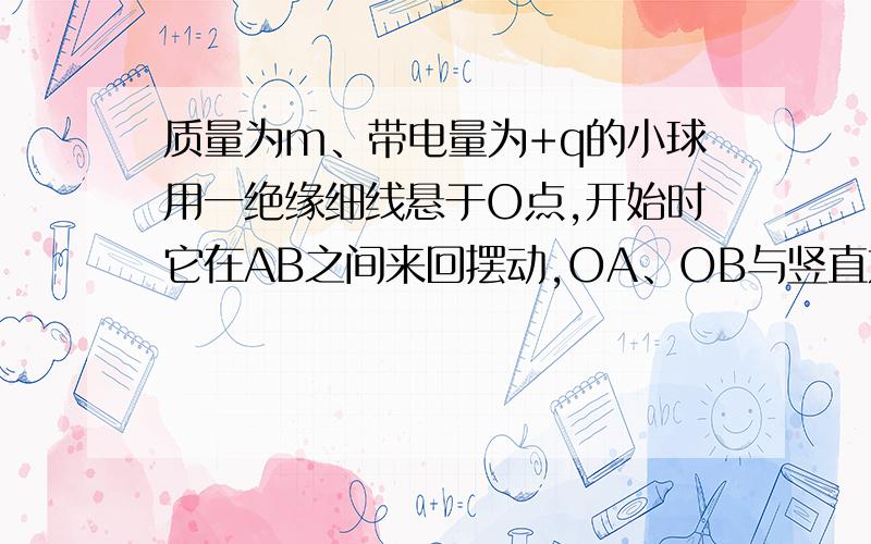 质量为m、带电量为+q的小球用一绝缘细线悬于O点,开始时它在AB之间来回摆动,OA、OB与竖直方向OC的夹角均为 .