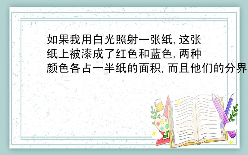 如果我用白光照射一张纸,这张纸上被漆成了红色和蓝色,两种颜色各占一半纸的面积,而且他们的分界非常明显.那我看到的应该是怎