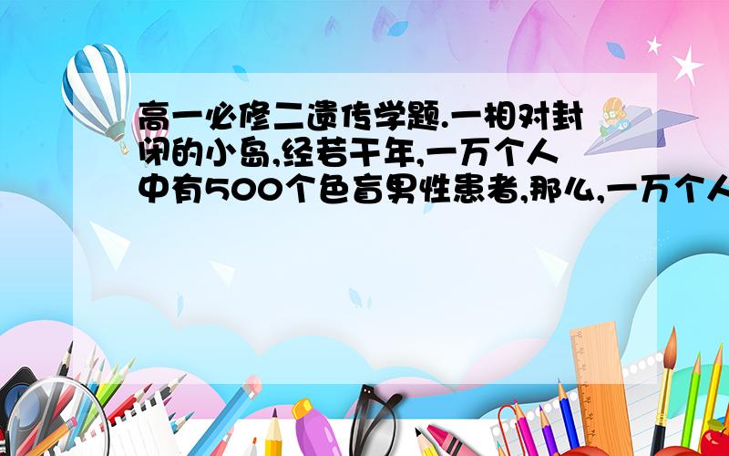 高一必修二遗传学题.一相对封闭的小岛,经若干年,一万个人中有500个色盲男性患者,那么,一万个人中有多少女性色盲患者?男