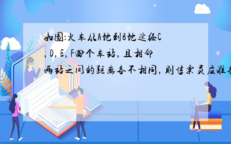 如图：火车从A地到B地途经C，D，E，F四个车站，且相邻两站之间的距离各不相同，则售票员应准备______种票价的车票．