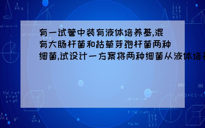 有一试管中装有液体培养基,混有大肠杆菌和枯草芽孢杆菌两种细菌,试设计一方案将两种细菌从液体培养基中分别分离培养,获得两种