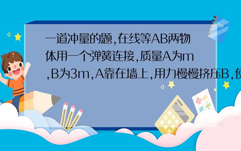 一道冲量的题,在线等AB两物体用一个弹簧连接,质量A为m,B为3m,A靠在墙上,用力慢慢挤压B,使弹簧压缩,撤去力F.问