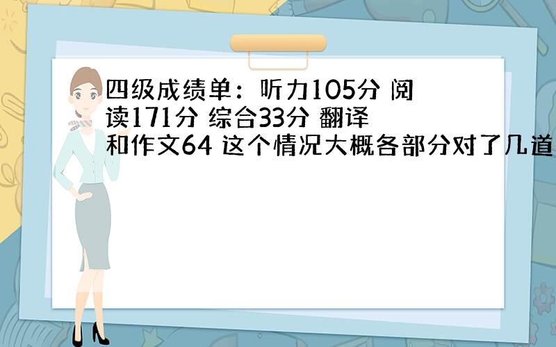 四级成绩单：听力105分 阅读171分 综合33分 翻译和作文64 这个情况大概各部分对了几道