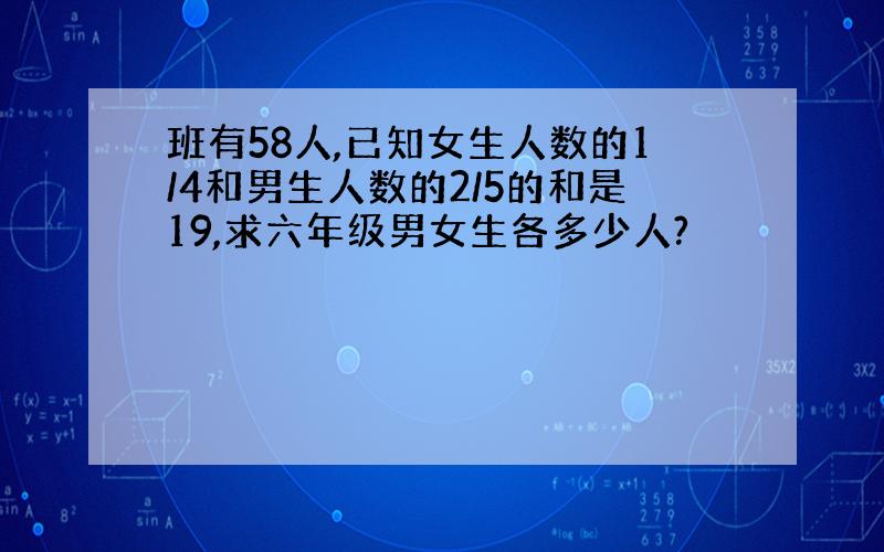 班有58人,已知女生人数的1/4和男生人数的2/5的和是19,求六年级男女生各多少人?