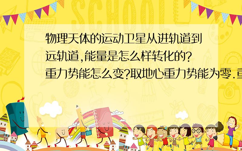 物理天体的运动卫星从进轨道到远轨道,能量是怎么样转化的?重力势能怎么变?取地心重力势能为零.重力势能为mgh=m(GM/