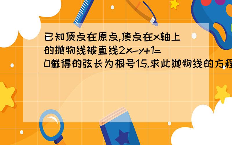 已知顶点在原点,焦点在x轴上的抛物线被直线2x-y+1=0截得的弦长为根号15,求此抛物线的方程