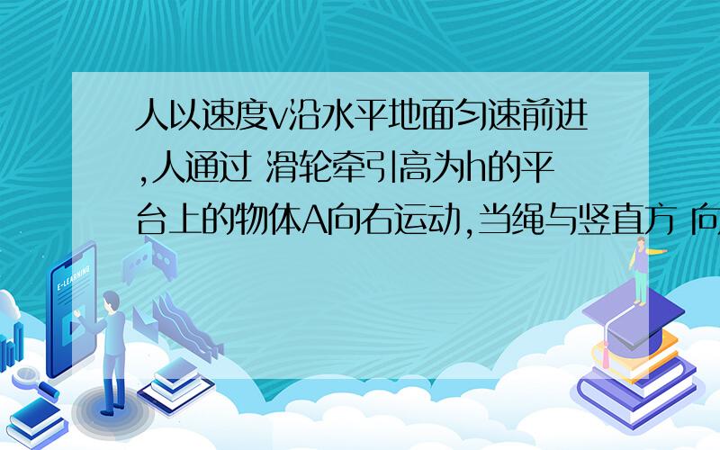 人以速度v沿水平地面匀速前进,人通过 滑轮牵引高为h的平台上的物体A向右运动,当绳与竖直方 向的夹角为θ时A的速度是多少