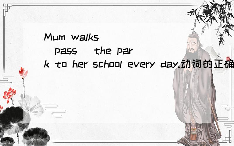 Mum walks_____(pass) the park to her school every day.动词的正确形