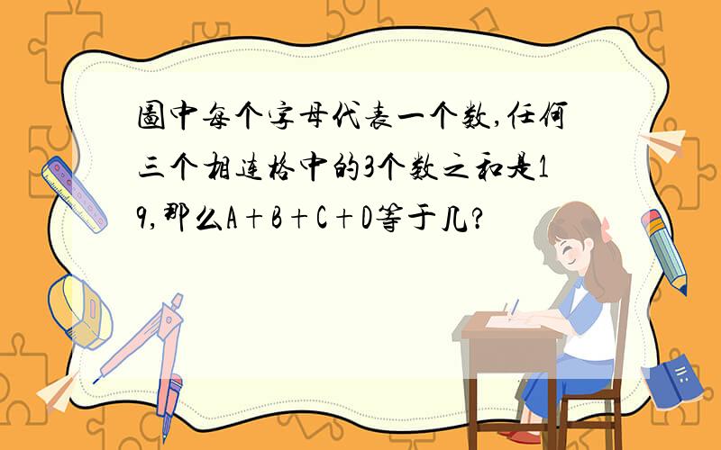 图中每个字母代表一个数,任何三个相连格中的3个数之和是19,那么A+B+C+D等于几?